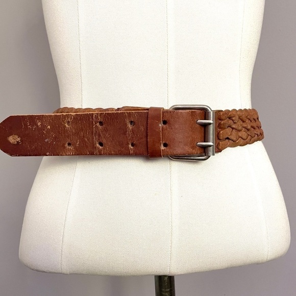 Vintage Accessories - Vintage Brown Thick Woven Double Prong Leather Belt - S/M
